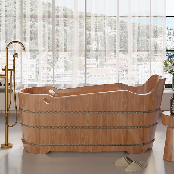 SAUNAONES® Oak Wood Soaking Bathtub Freestanding Modern Natural Bathtub