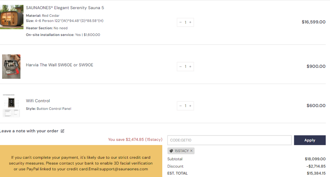 SAUNAONES® Elegant Serenity Sauna 5-3rd Payment
