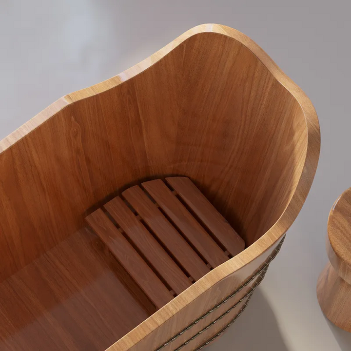 SAUNAONES® Oak Wood Soaking Bathtub Freestanding Modern Natural Bathtub