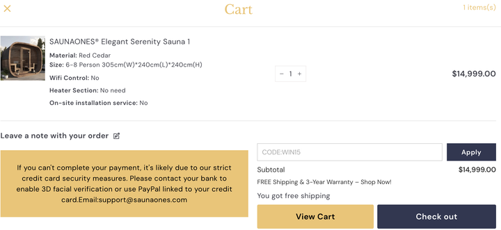 SAUNAONES® Elegant Serenity Sauna 1- 50% deposit + customization fee for changing the two side glass panels to wood.