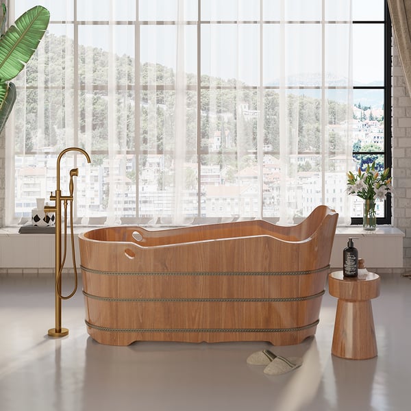 SAUNAONES® Oak Wood Soaking Bathtub Freestanding Modern Natural Bathtub