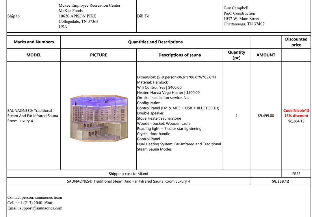 50% Deposit Payment for the Luxury 4 Sauna (5–8 Person Size)
