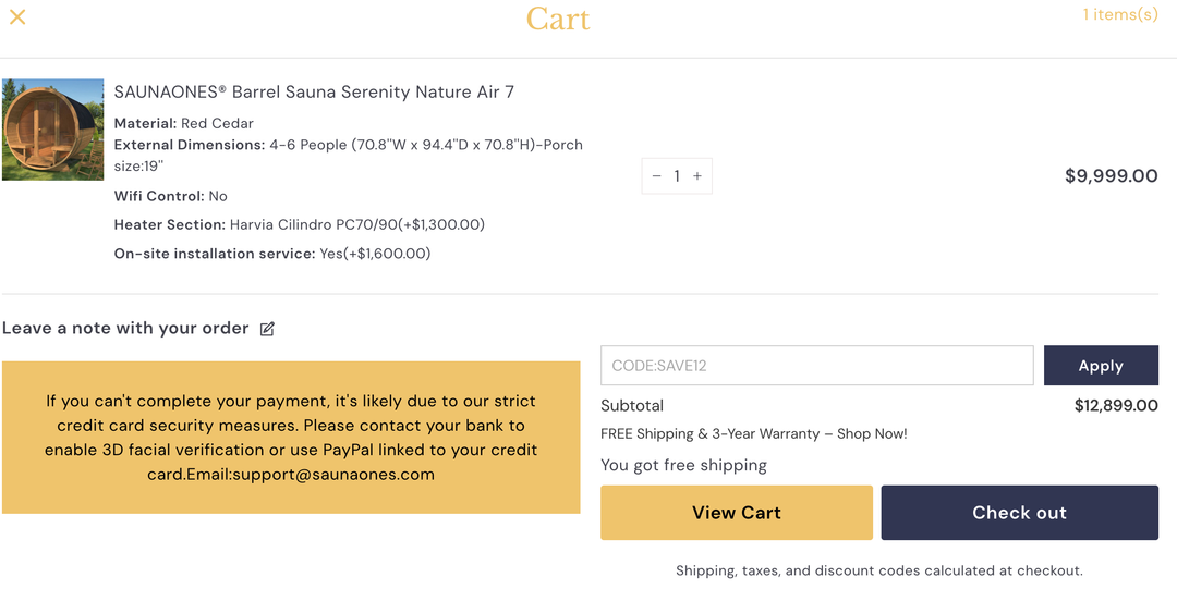 Payments link for SAUNAONES® Barrel Sauna Serenity Nature Air 7