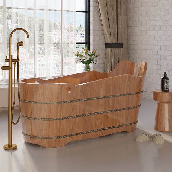 SAUNAONES® Oak Wood Soaking Bathtub Freestanding Modern Natural Bathtub